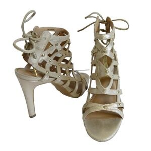 Audrey Brooke Gold Metallic Studded Faux Leather Tie Back Strappy Heel Sandal 7M